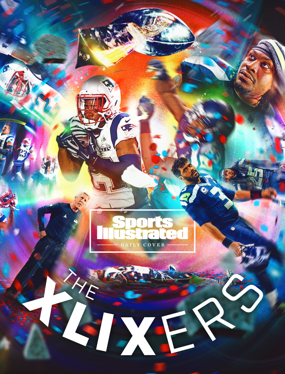 A photo illustration of Seahawks and Patriots players during Super Bowl 49